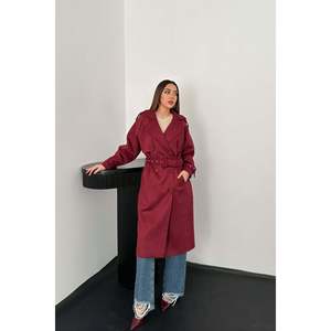 Abrigo de Gabardina de Gamuza Borgoña para Mujer al por Mayor, Mangas Raglán, Abrigo Largo Informal de Invierno, Impermeable, con Estampado Otoñal de Algodón - Product Image 5