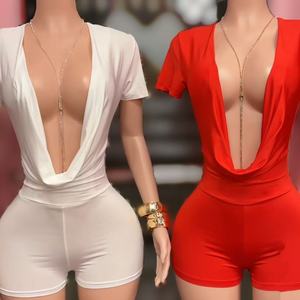 PEEQI TW829 Nuova Collezione Primavera, <span class=keywords><strong>Tuta</strong></span> Intera Aderente con Scollo Profondo a V e Arricciature, Maniche Corte, Sexy <span class=keywords><strong>Tuta</strong></span> Intera Monocolore - Product Image 1