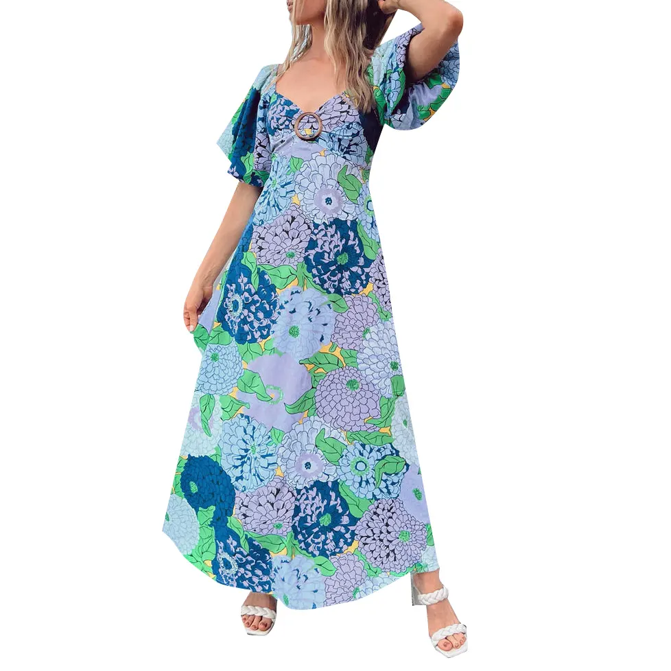 Spring Dress 2023 Custom Woman Casual Elegant Smocked V Neck Short Puff Sleeve Floral Printing Bohemian Long Maxi Dresses Ladies