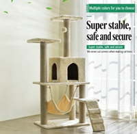 Grande structure d'escalade pour chat en bois, avec lit, griffoir, jouet arbre, capsule spatiale et hamac, en carton
