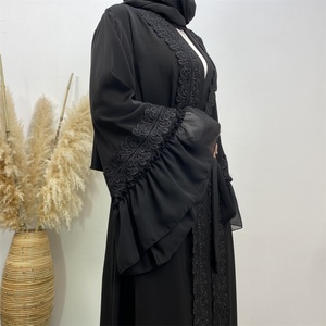 1963 #   Abaya noire à manches larges de qualité supérieure avec dentelle florale pour femmes musulmanes, Eid 2023 - Product Image 3