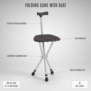 Bastón Plegable de Aluminio con Asiento, Ajustable, de Tres Patas, con Puntas de Goma, para Personas Mayores, para Descanso al Aire Libre - Product Image 3
