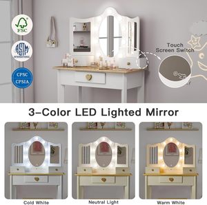 Tocador de Madera para <span class=keywords><strong>Niñas</strong></span> con Luces LED, Set de Juego de Princesa, Mesa de Maquillaje para <span class=keywords><strong>Niñas</strong></span> Pequeñas con Cajón y <span class=keywords><strong>Silla</strong></span> - Product Image 5