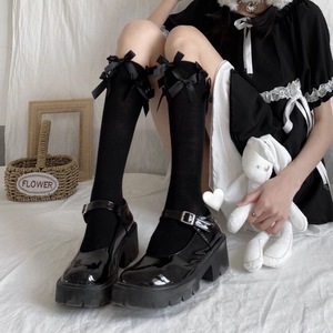 Velvet Sweat-Absorbing Knee Socks Black Bow Knot Women's Long Cotton JK Style Autumn Winter Wear - Product Image 1