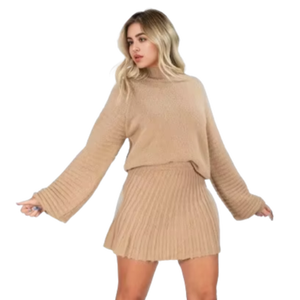 Conjunto de dos piezas personalizado de moda para mujer de <span class=keywords><strong>Color</strong></span> sólido cuello alto de punto acanalado de manga larga Top corto con falda corta - Product Image 1