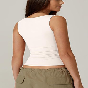 Camisetas sin mangas <span class=keywords><strong>de</strong></span> doble capa <span class=keywords><strong>de</strong></span> verano para mujer, Camisetas Básicas <span class=keywords><strong>de</strong></span> punto ajustadas, cuello cuadrado, diseño sin mangas, transpirable frontal personalizado - Product Image 4