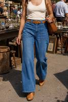 Pantalones Vaqueros Holgados de Verano para Mujer, Cintura Alta, Pierna Ancha, Azul Medio, Bolsillos Delanteros Grandes, Pantalones de Mezclilla Casuales para Trabajo