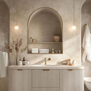 Meuble-lavabo de salle de bain moderne de luxe en bois massif avec tiroir de rangement en MDF PVC, miroir demi-lune à LED, plan de travail en marbre - pour hôtels - Product Image 3