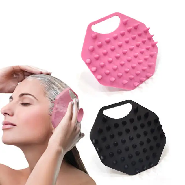 Escova ergonômica para shampoo, com uso duplo, para limpeza de couro cabeludo, massageador e limpador de silicone macio, com furo para pendurar, alça molhada e seca