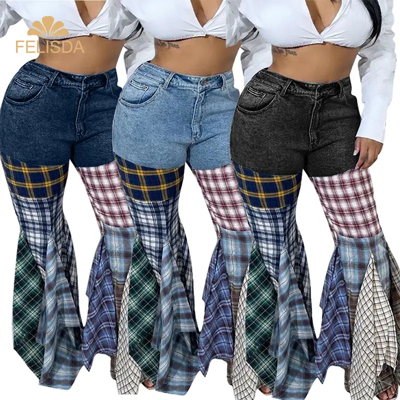 Женские разноцветные клетчатые расклешенные джинсы составного кроя на молнии, 2023, винтажные модные уличные брюки INS с широкими штанинами, джинсовые брюки