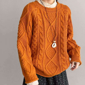 Pull d'hiver pour femmes, couleur unie, tricot torsadé, col rond, coupe ample, anti-rides - Product Image 1