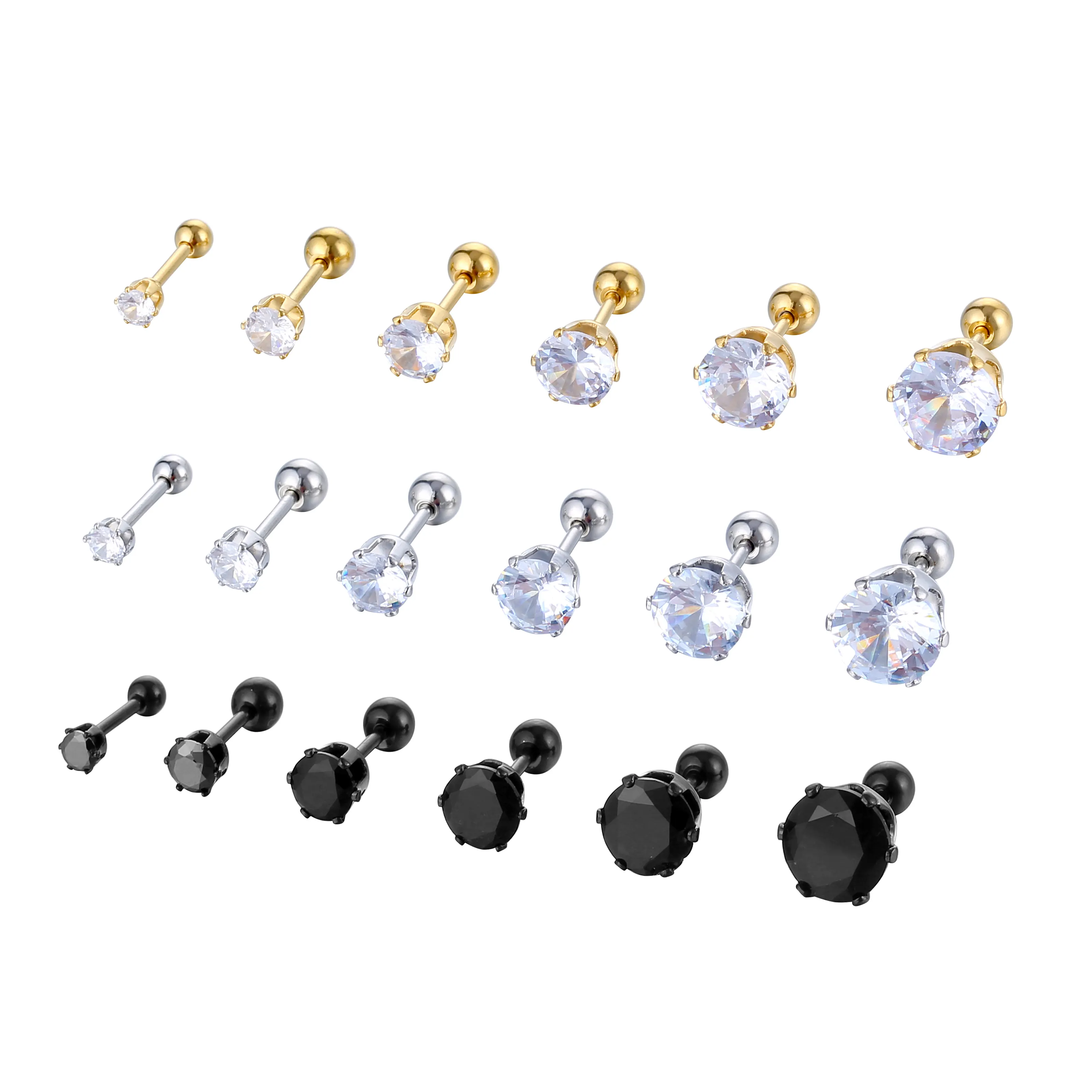 Qianyou seis garra 16G Acero inoxidable Arco Iris oreja cartílago piercing pendientes con Juego de puntas pendientes redondos de piedra CZ