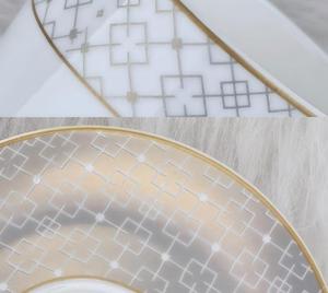 Bol de service moderne de luxe en porcelaine fine avec couvercle, incrustation dorée, motif géométrique, résistant à la chaleur, compatible lave-vaisselle, ensemble de vaisselle - Product Image 6