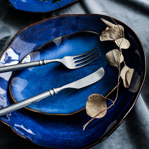 Factory Direct Sale Blue Melamine Dinnerware Set Dishes Plates Retro Japanese Deep Blue Melamine Dinner Plate