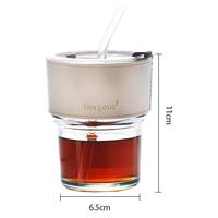 Vaso de Vidrio Ámbar Gris de 400 ml con Funda de Cuero, Tapa y Pajita, Diseño Clásico Moderno, Libre de BPA, Apto para Agua Hirviendo, Lavavajillas y Microondas
