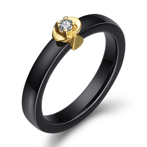 Bague en céramique et or 18 carats avec diamant rond taille brillant blanc et noir, bijou unisexe pour usage quotidien - Product Image 3