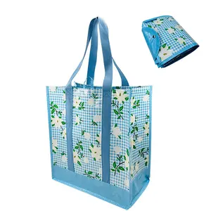 High Top Quality Foldable Containable Pp Woven Material Reusable Shopping Tote Bag With Metal Button And Pocket