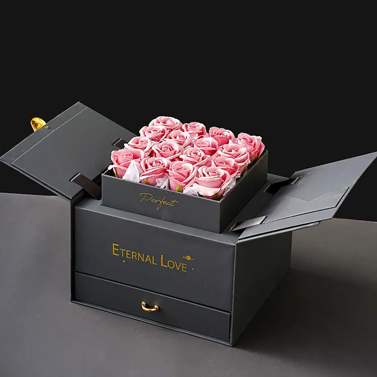 Caja de regalo de papel de alta gama, joyería de flores negras y rosas, puerta doble con cajón, embalaje de flores
