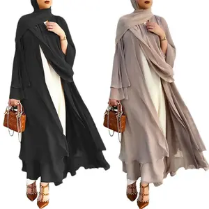 Drop Shipping Loriya Muslim Cardigan Abaya Bulk Großhandel Maxi kleider 2 Schicht Chiffon Casual Muslim Frauen Abaya Front Open Abay