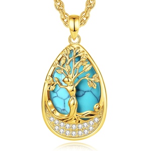 Nuova Collezione: Collana con Pendente a Goccia in Turchese Placcato <span class=keywords><strong>Oro</strong></span> 24K, Gioiello Boho Albero della Vita, Pietra Azzurra a Forma di Pera, Regalo - Product Image 1