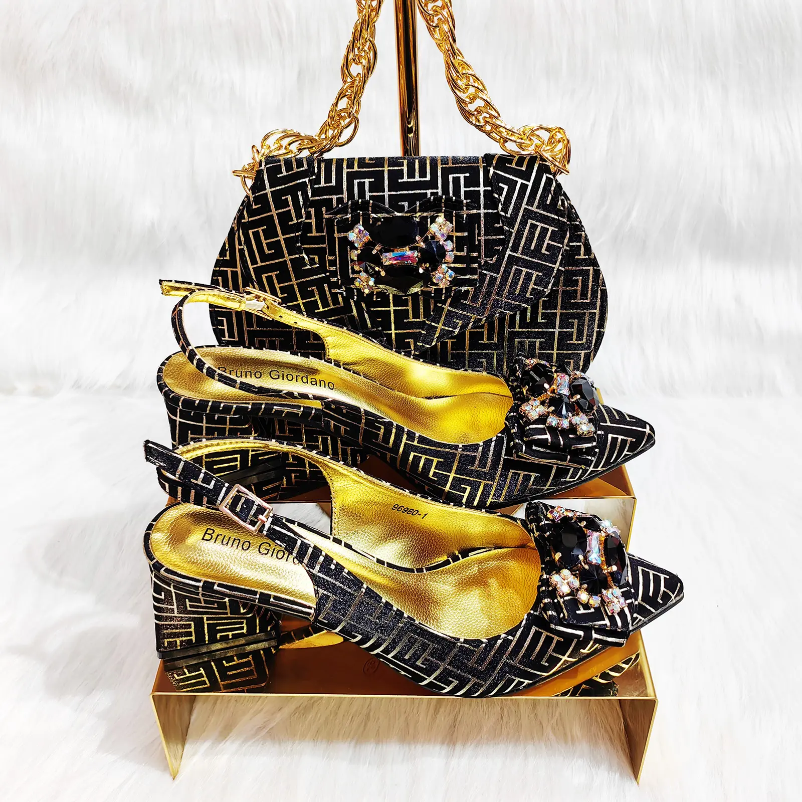 OEM Self-factory direct sale Fashion design Rhinestone Luxury Big Chain Black Medium heel Woman Shoes with matching Bag