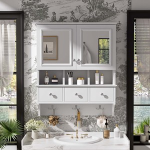 4 In 1 Bathroom <b>Mirror</b> Cabinet 24 Inch Wall Mounted With Drawers Organizer Hooks High Define <b>Mirrors</b> - Product Image 1
