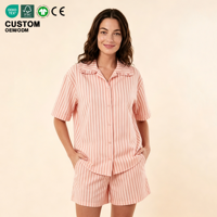 Ensemble de pyjamas d'été pour femmes, deux pièces, vêtements de nuit à manches courtes, chemise rayée boutonnée, vêtements de maison respirants, vêtements de nuit