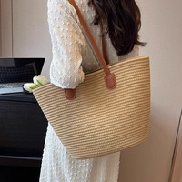 Bolso de mano de playa de gran capacidad 2024 para mujer, bolso de hombro de paja tejida B, cierre de cremallera, bolsos de poliéster avanzados