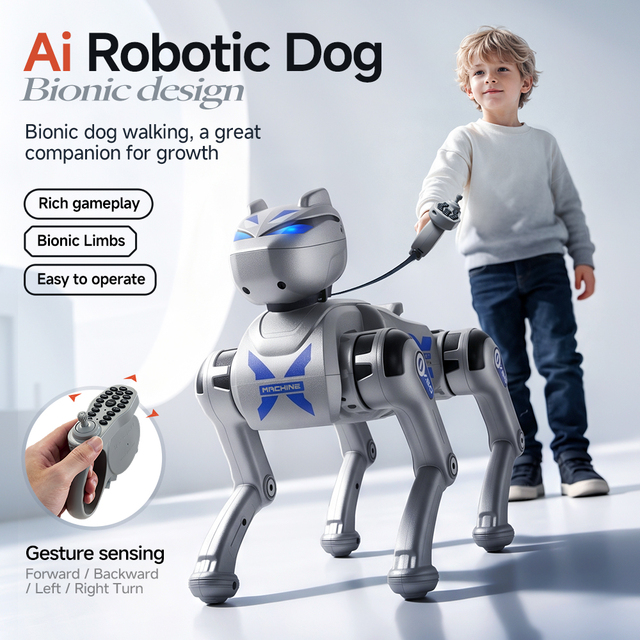 HTL AI Intelligent 2.4G RC Robot Dog Programmable Stunt Robotic Puppy with Gesture Sensing Voice Control Follow Me for Kids
