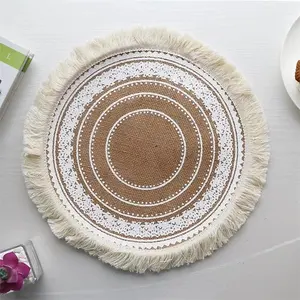 Kitchen Dining Place Mats Silk Screen Printed Jute Waterproof Round Table Mats With Tassels