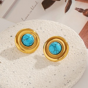 Boucles d'oreilles clous en acier inoxydable plaqué or 18 carats avec incrustation de turquoise bleue, design géométrique rond, bijoux de mode - Product Image 1