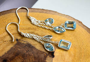 Pendientes colgantes Ocean Breeze Triple Drop con topacio azul y plata 925, estilo moderno, en venta. - Product Image 6