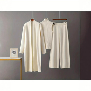 Women's Knitwear Set Long <b>Cardigan</b> Turtleneck Sweater Wide Leg Pants Three Piece Solid Color Viscose Fiber Autumn Winter Wear - Product Image 2