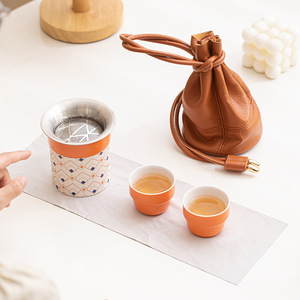Modern Gongfu Tea <b>Set</b> with Portable Leather Bag Unique Small Ceramic <b>Teapot</b> with Stainless Steel Tea Infuser - Product Image 5