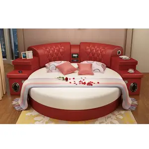 Cama redonda adulta com colchão, cama moderna de 2.2m cor vermelha, massagem de couro