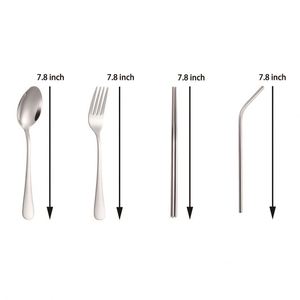 Ensemble d'ustensiles de voyage réutilisables avec logo personnalisé, fourchette, cuillère, couteau, baguettes et paille en acier inoxydable, avec pochette zippée, pour cadeaux événementiels - Product Image 2