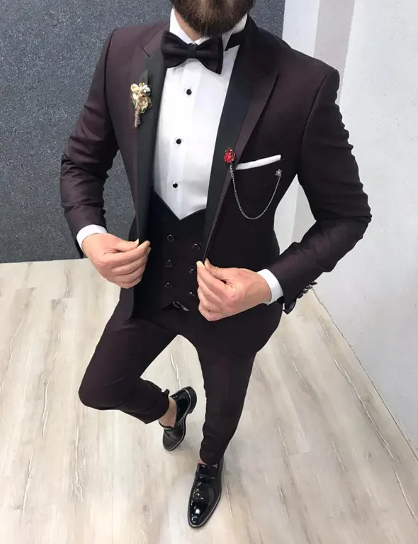 Morili yüksek kalite bir düğme düğün takım elbise erkek şal yaka 3 parça Slim Fit yelek çift düğmeli MMSB47