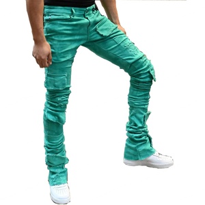Jean cargo homme coupe slim évasée sur mesure, taille mi-haute, bords effilochés, effet usé, style empilé, vente en gros - Product Image 2