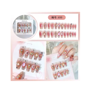 24 faux ongles à presser en acrylique, motif cœur 3D, lune, papillon, strass, nœud rose, perle, style français - Product Image 1