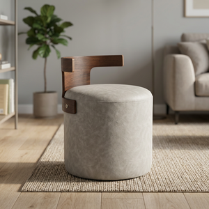 Pouf moderne rembourré, siège rond avec dossier en bois, tabouret de loisirs pour chambre, hôtel, salon - Product Image 3
