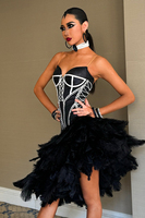 Robe de compétition de danse latine en spandex/coton à plumes d'autruche noires Vennystyle - Sur mesure - Tenue professionnelle pour examen féminin