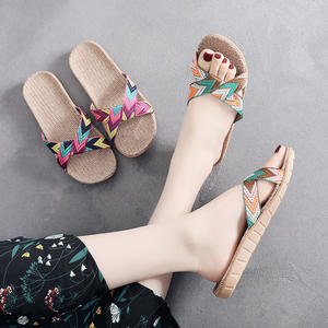 Summer for for <b>Men</b> Women Thick Sole Non Slip Indoor Use Rubber Sole Straw Upper Checkered Pattern Sweat Absorbent Home - Product Image 2