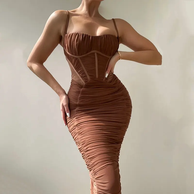 Sexy fashion spaghetti strap backless pleated women evening party long bodycon dress