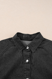 Shewin của phụ nữ màu đen diềm ngắn tay áo nút lên lỏng áo sơ mi denim - Product Image 6