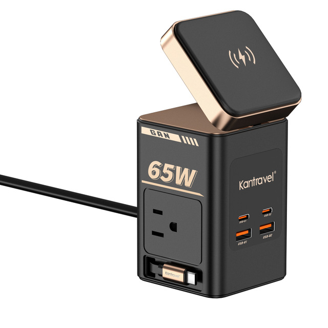 Desktop Power Strip 65W GaN Fast Charger VOOC 4.0 Built-in Retractable Cable 4 Ports (Type-C/USB/AC) Magnetic Smart Watch