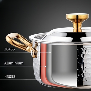 Precio de fábrica Bajo MOQ Stock Cazuela Plato Tres capas Sopa de acero inoxidable Stock Olla Martillo Patrón Utensilios de cocina - Product Image 3