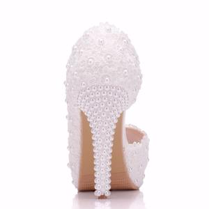 BS032 11cm <span class=keywords><strong>tacchi</strong></span> donna dolce pizzo bianco Peep Top <span class=keywords><strong>tacchi</strong></span> alti perle scarpe da sposa scarpe da sposa - Product Image 3