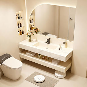 Mueble de Baño Flotante de Doble Pared Estilo Crema de Grado Comercial con Lavabo de Losa de <span class=keywords><strong>Roca</strong></span> para Proyectos Hoteleros - Product Image 4