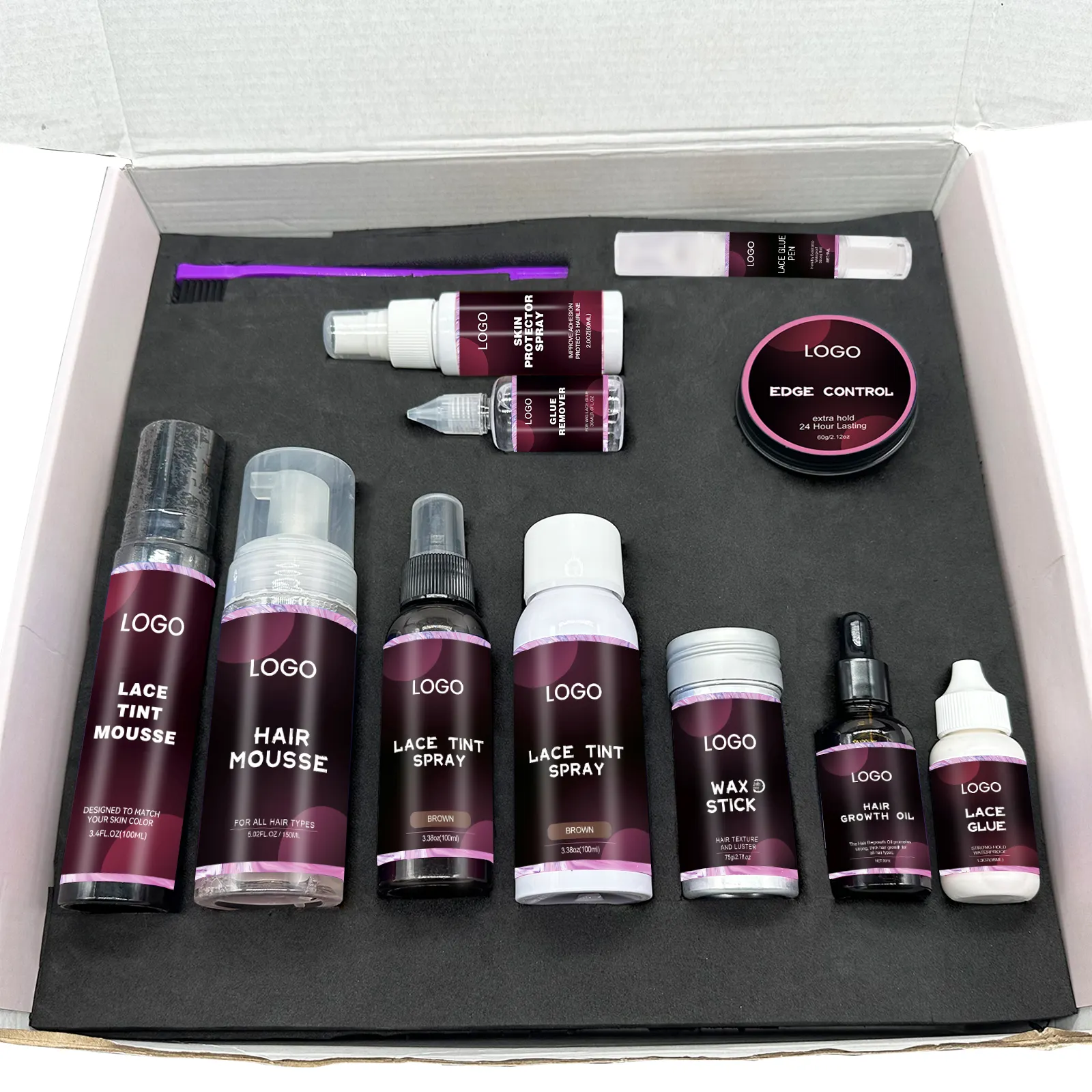 Peruca personalizada instalar caixas Private Label Lace Wig Kit embalagem impermeável cabelo matiz Spray borda controle Lace Glue