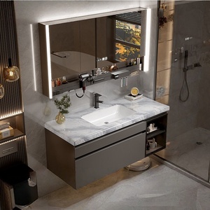 New Modern Minimalist Stone-Look Seamless Ceramic Basin Smart Mirror Water Resistant Wall-Mounted Rounded-Corner Bathroom Vanity - Product Image 1
